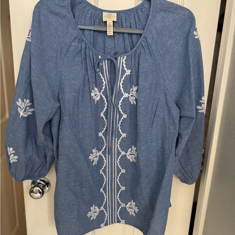 St. John's Bay Blue Blouse with White Embroidery